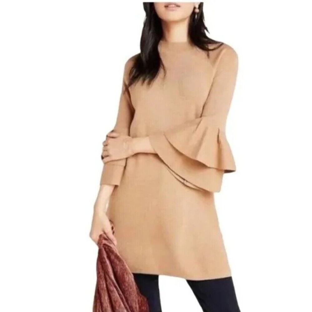 By Anthropologie Claudette Ruffle Sleeve Sweater Dress XS Beige Gold Sparkle